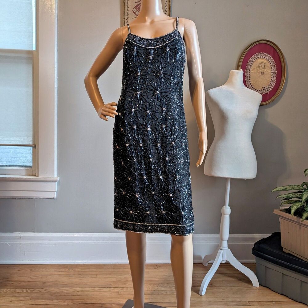 Vintage 90s Papell Boutique Midi Dress Beaded Silk Prom Formal Whimsygoth 10